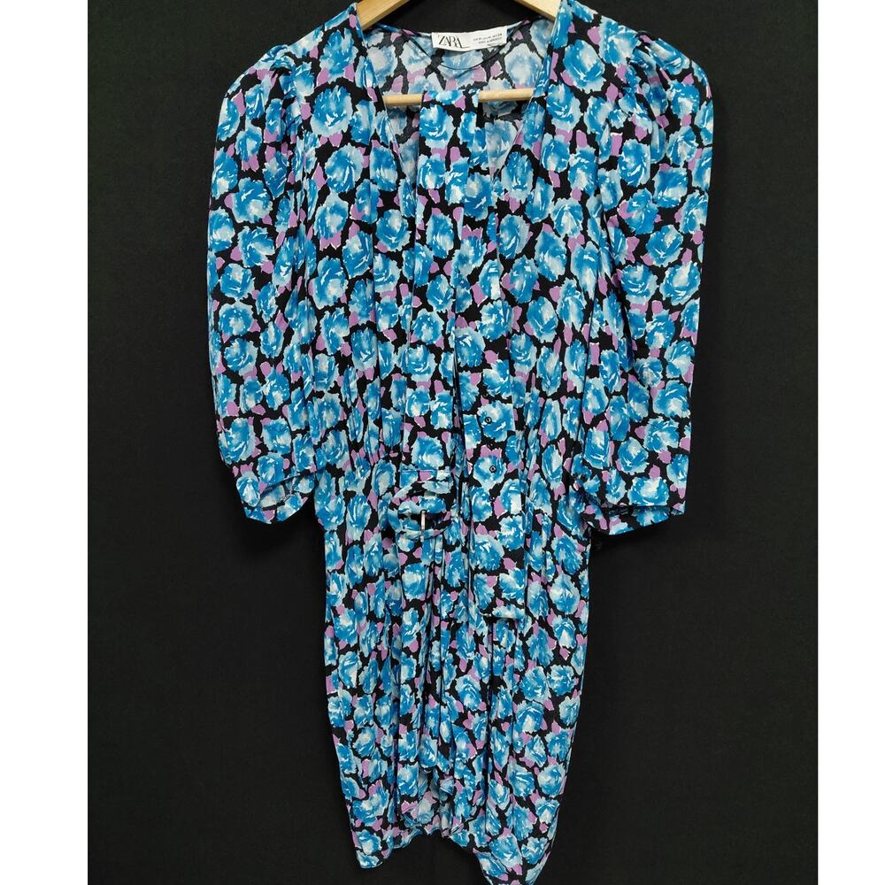 ZARA Blue Floral Viscose Collared V-Neck 3/4 Sleeve Dress Women Short Size M